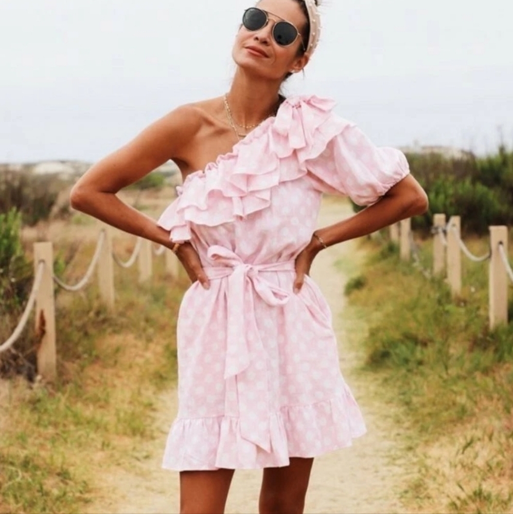 Lisa Marie Fernandez for Target pink polka dot ruffle linen blend dress, size M